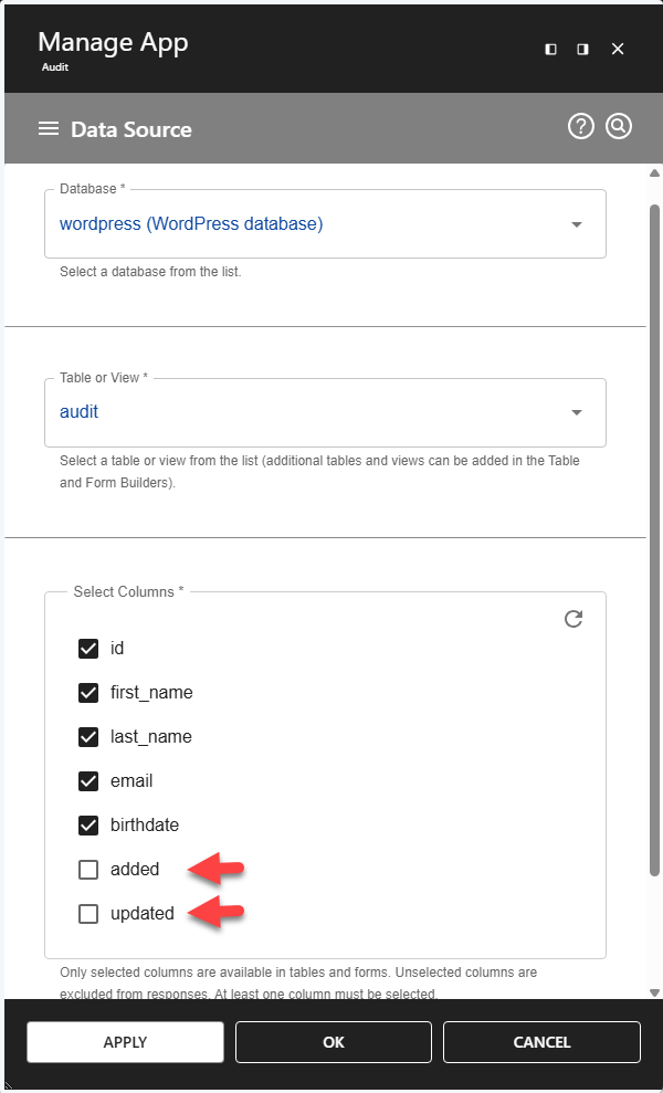 WP Data Access - Deselect Column in App Wizard