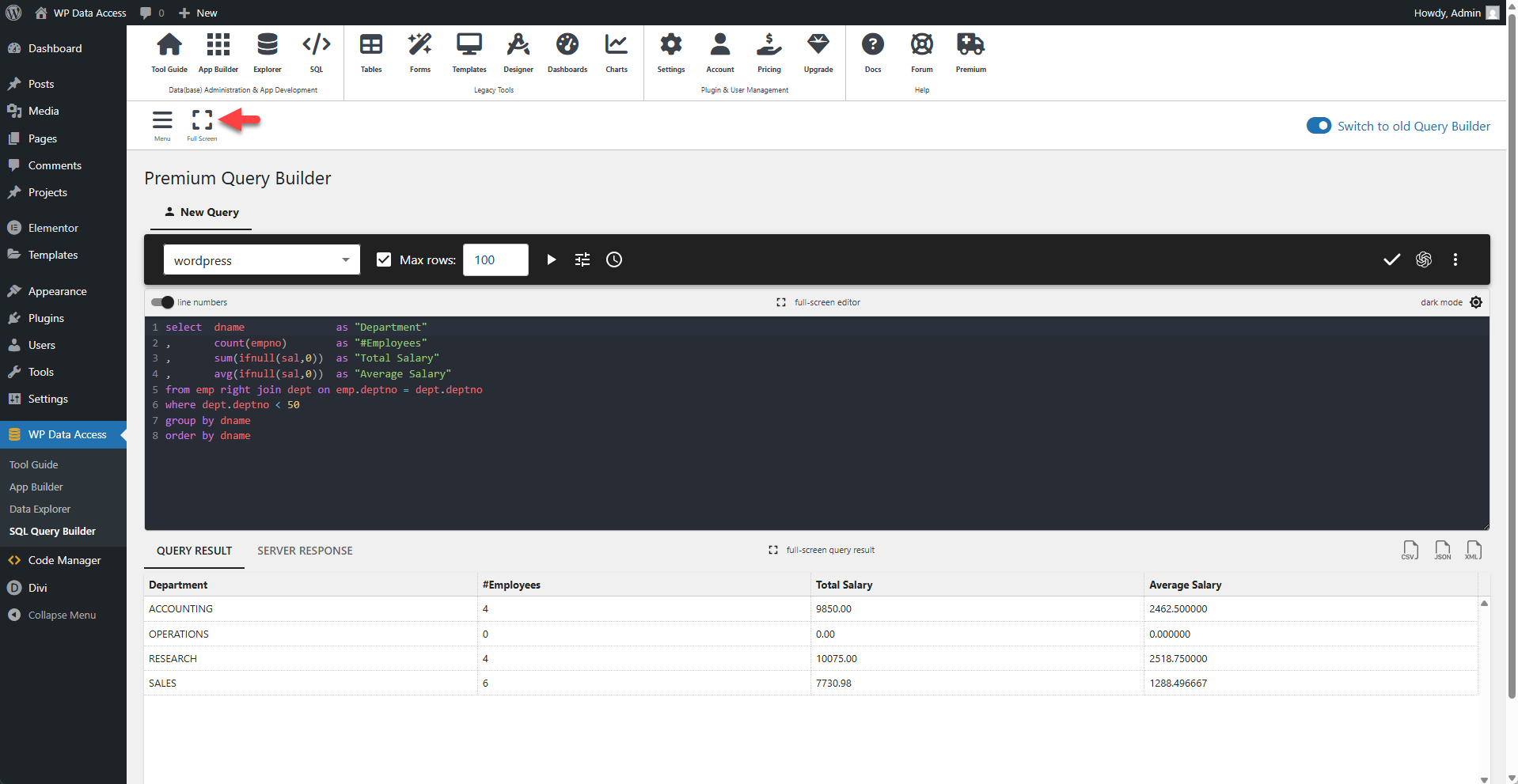 WP Data Access - Query Builder - Full Screen Mode