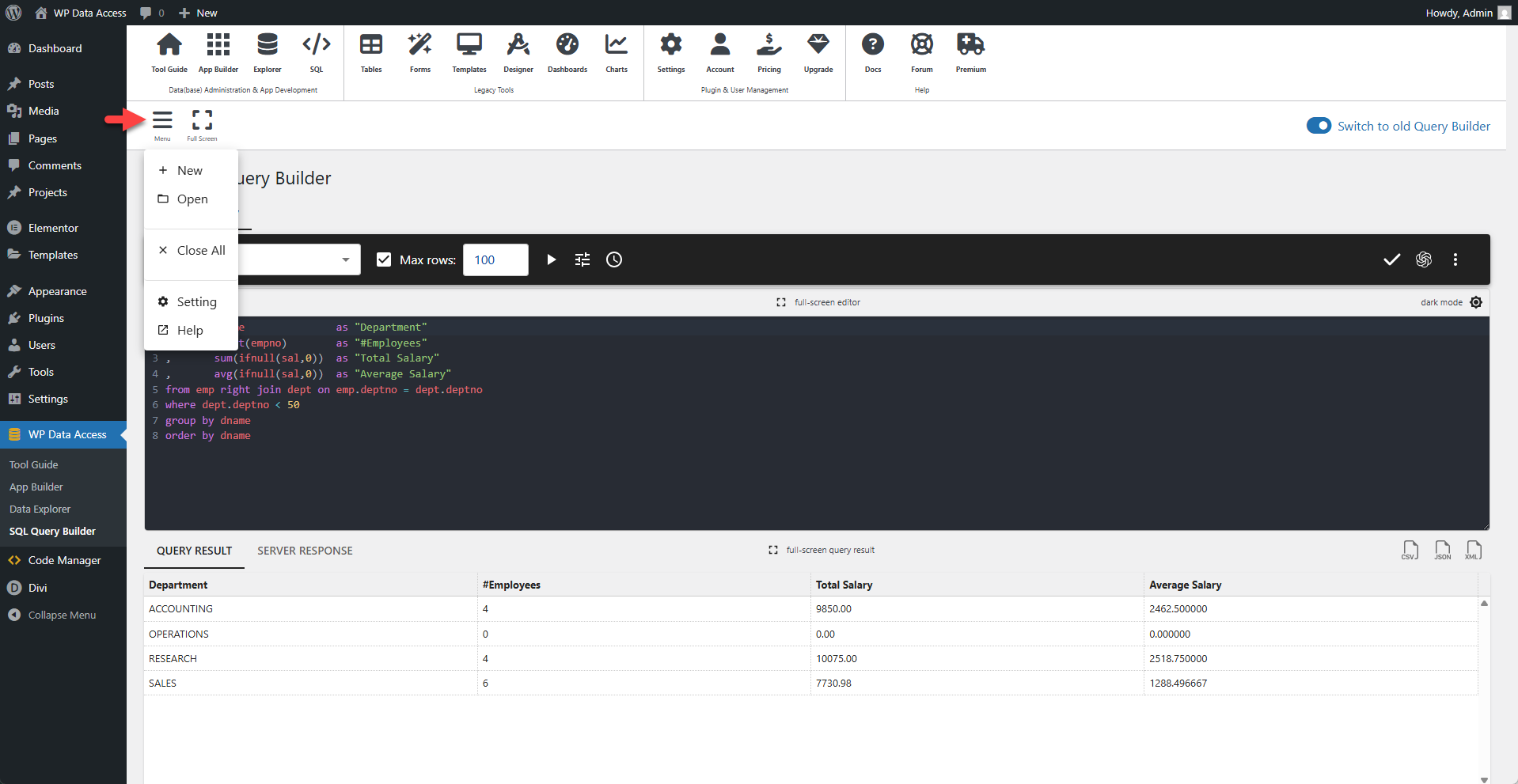 WP Data Access - Query Builder Menu